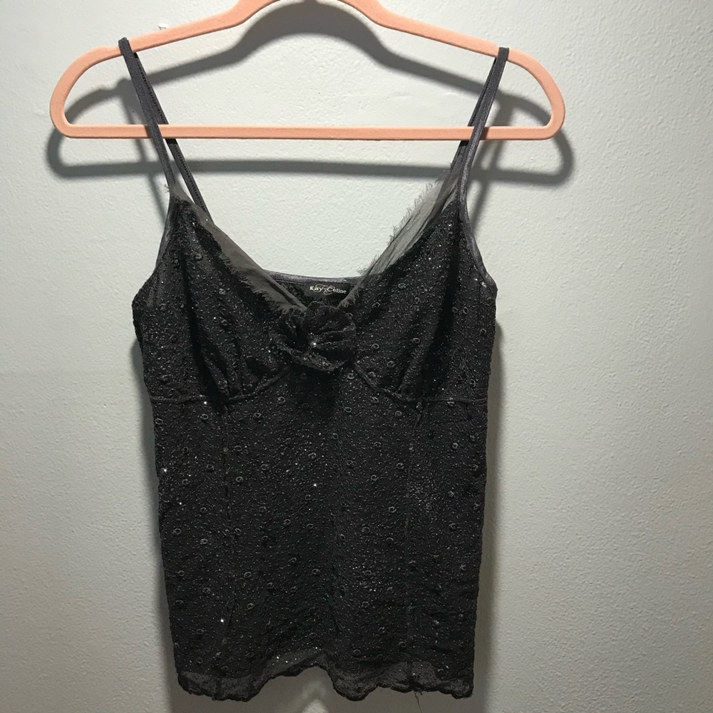 Cami baby doll sequins tank top with a rose